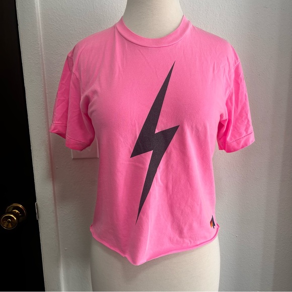 Aviator Nation Bolt Boyfriend Tee Neon Pink Womens Size Small Distressed Top - Picture 1 of 8